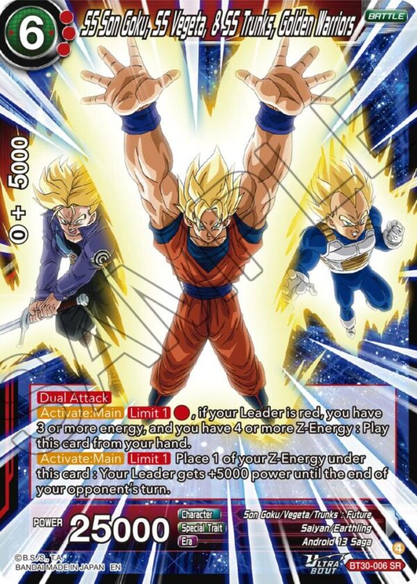 SS Son Goku, SS Vegeta, & SS Trunks, Golden Warriors — Masters · Three Glorious Fighters BT30-006 · Foil